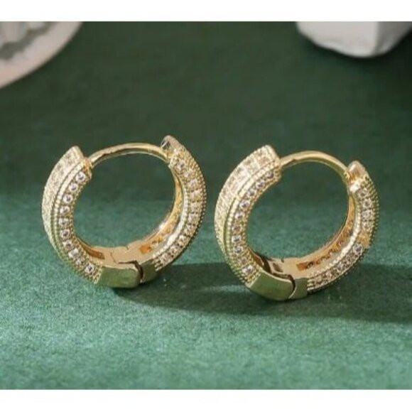 14k Gold Plated Simulated Diamond Huggie Earrings - Picture 3 of 10